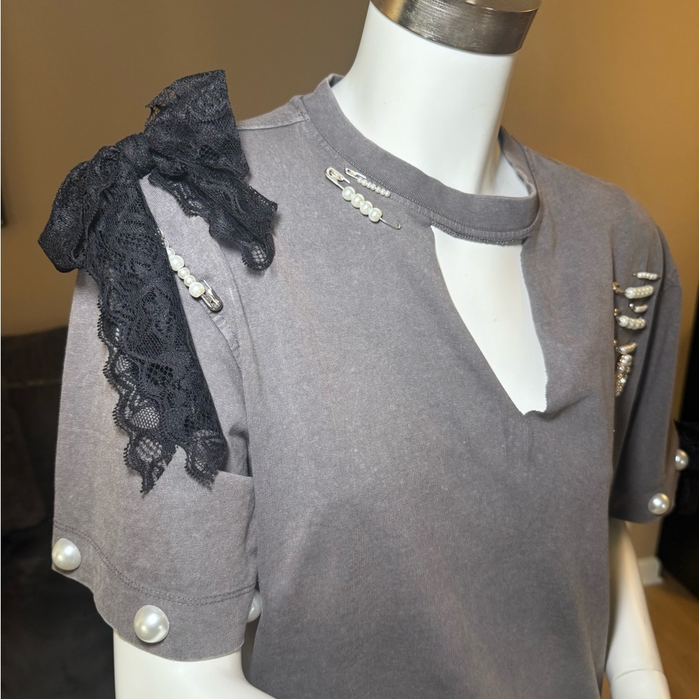 Chic Gray Top with Black Lace and Pearl Details